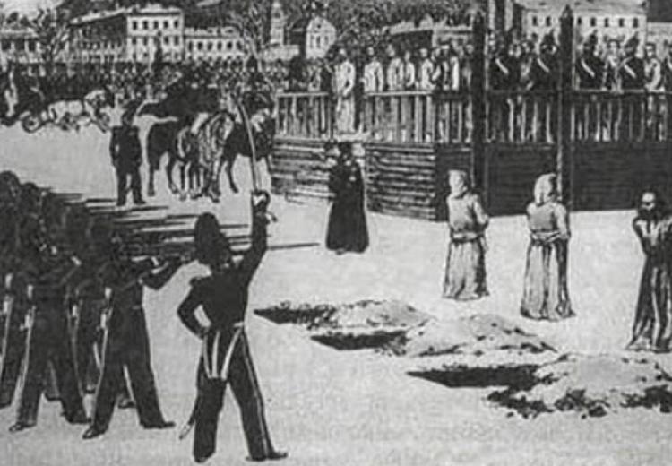 B. Pokrovsky's drawing. 'Semionov-platz Mock Execution Ritual', 1849