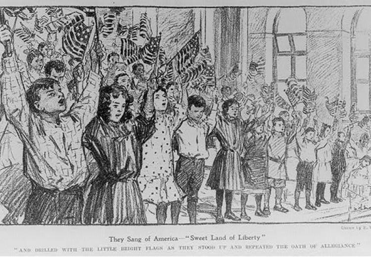 Print of Jewish schoolchildren in New York waving U.S. flags