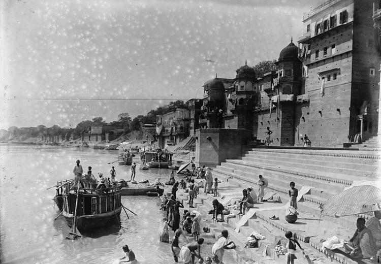 Bathing in the Ganges, India. A 19th-century photograph.