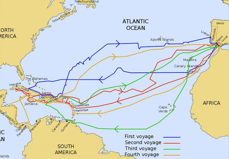 The routes of the four Voyages of Christopher Columbus.