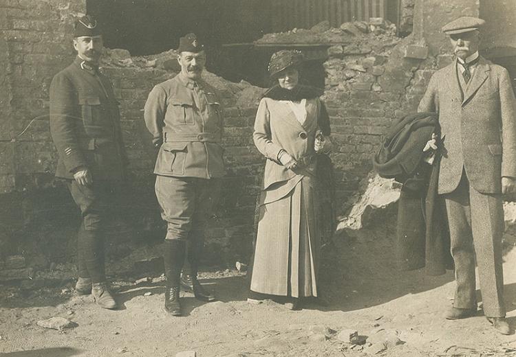 American author Edith Wharton, shown here with French soldiers and friend Walter Berry, was a correspondent for Scribner's Magazine during World War I.