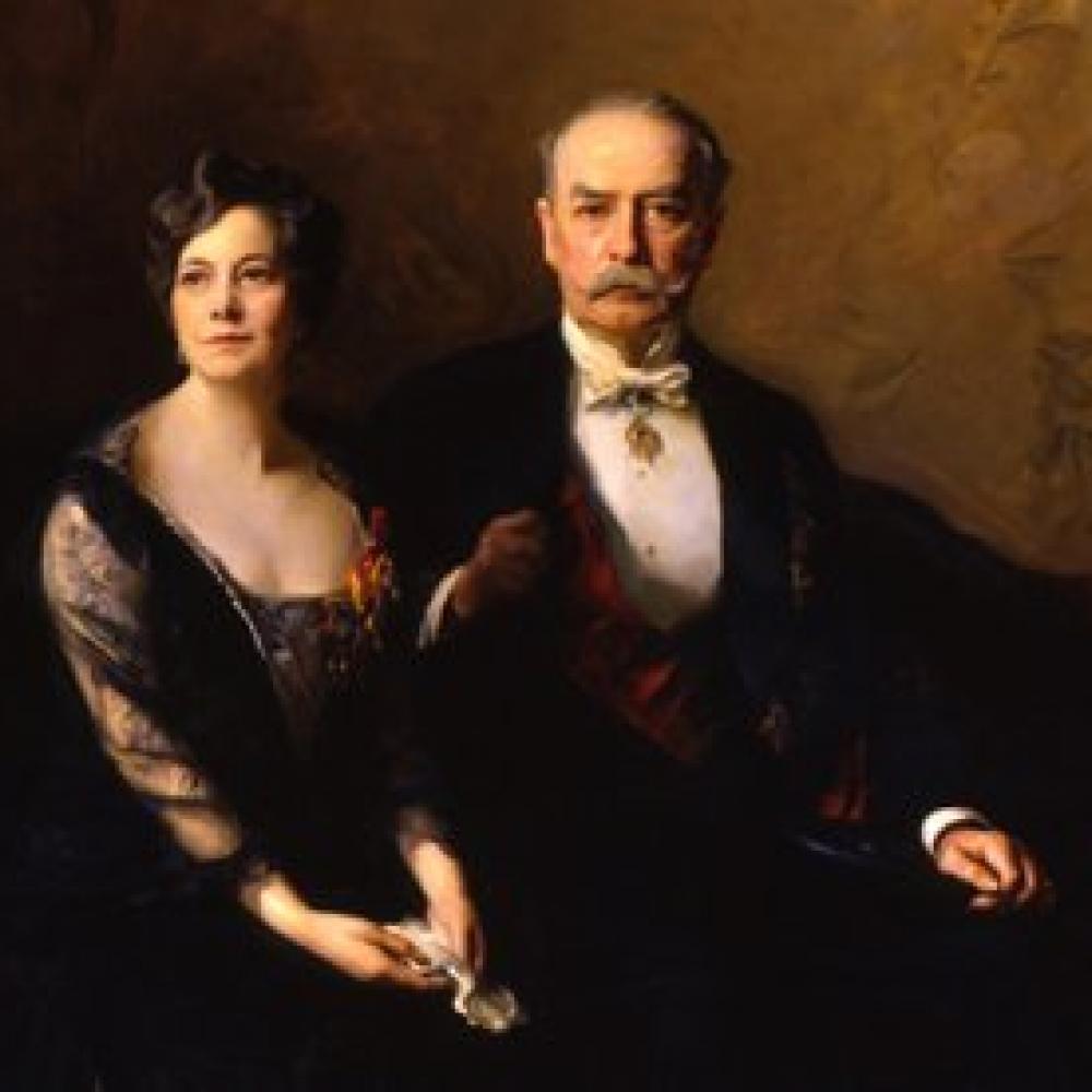 Stately painting of a man and woman dressed in formal attire.