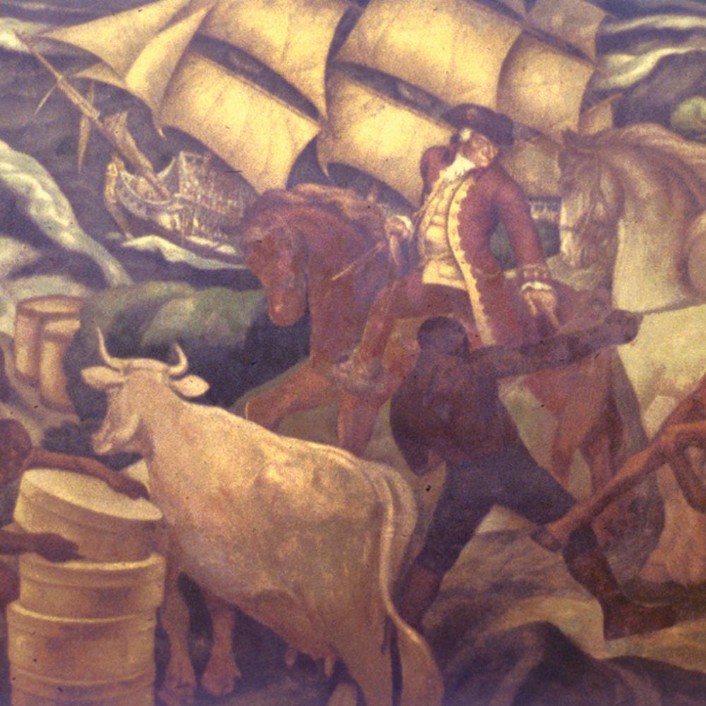 Mural depicting how planters utilized slaves in Rhode Island. Ships, cattle, horses, and bags of what appear to be wheat or sugar can be seen in it.