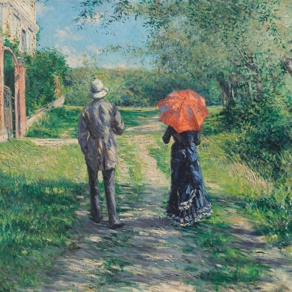 A painting of a couple strolling along a grassy path