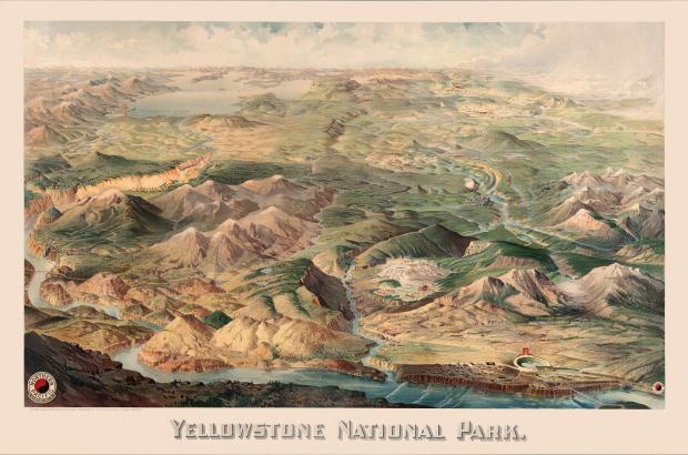 Detailed, bird's-eye view pictorial map of Yellowstone National Park