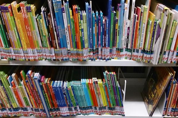 Colorful children's book spines on library shelves