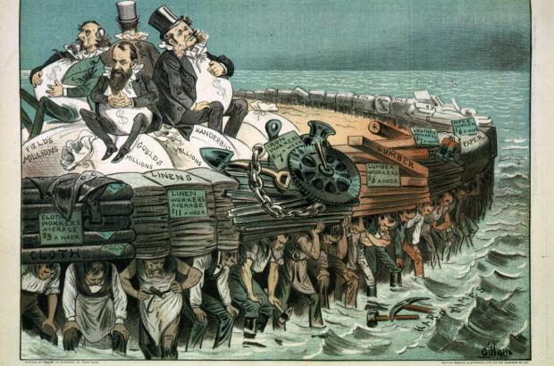 Cartoon showing Cyrus Field, Jay Gould, Cornelius Vanderbilt, and Russell Sage, seated on bags of "millions", on large raft, and being carried by workers of various professions. 
