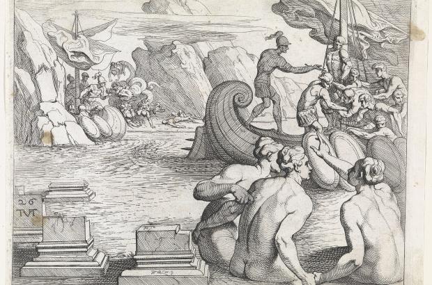 Odysseus and crew on ship surrounded by sirens