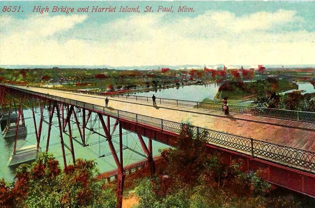 Vintage Saint Paul Minnesota Postcard, The High Bridge And Harriet Island, Printed In USA, circa 1910s.