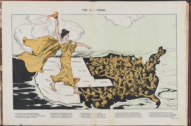 This map appeared in the magazine Puck during the Empire State Campaign, a hard-fought referendum on a suffrage amendment to the New York State constitution.