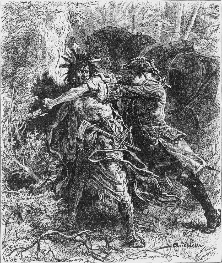 Black and white illustration of a militiaman fighting hand-to-hand with a Mohawk warrior in the deep forest