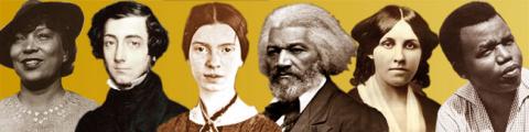Montage of famous authors: Hurston, Toqueville, Dickinson, Douglass, Alcott, Achebe