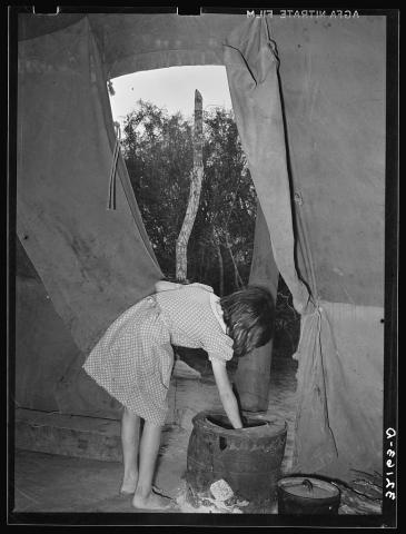 Child of white migrant worker building fire in heating stove in tent home. Harlingen, Texas