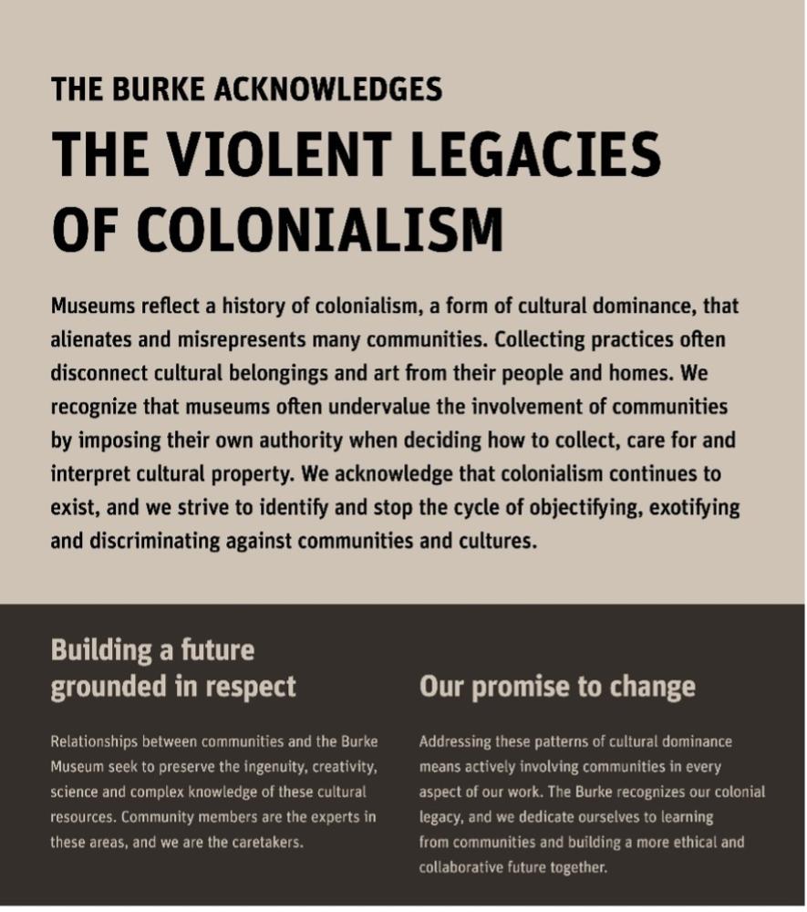 Photo of theft and repatriation label about totem poles in the Northwest Native Art&nbsp;Gallery.