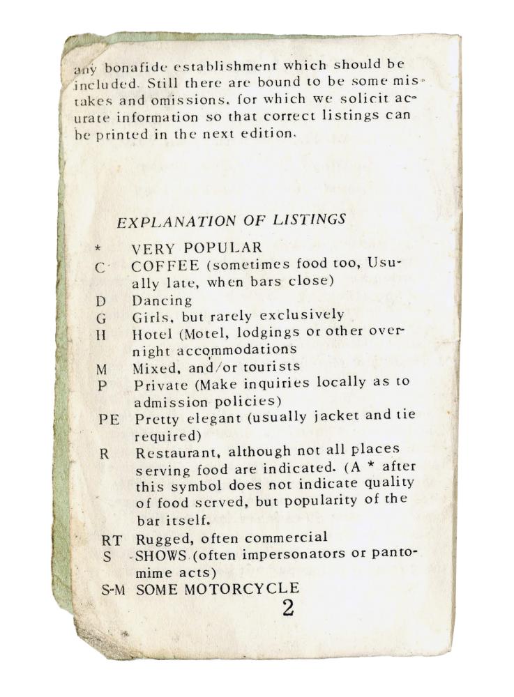 A page from Bob Damron's Address Book with a key to the codes used to describe the guide's listings