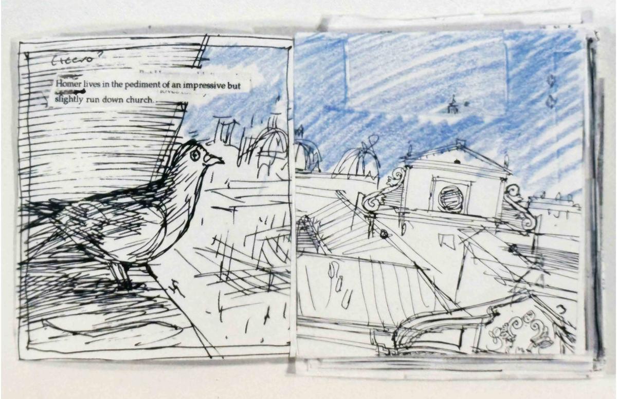 Drawing of a pigeon in preparation for Rome Antics