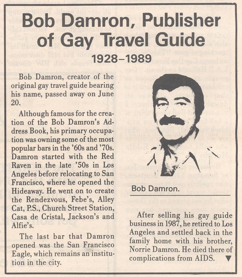 Clipping of Bob Damron's obituary from the Bay Area Reporter