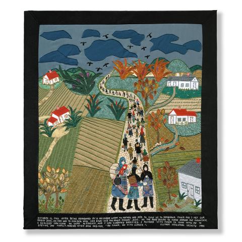 Colorful tapestry depicts large group of people walking along road, houses and farmland on either side