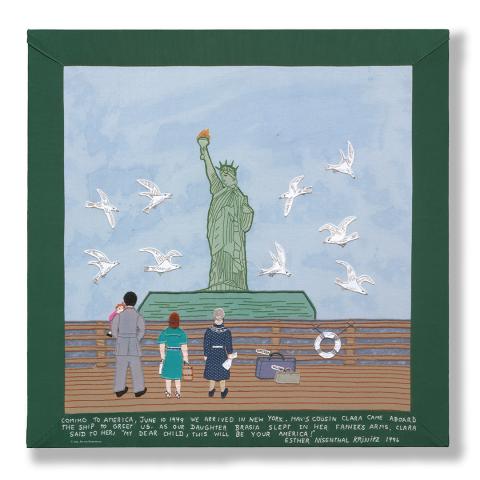 Colorful tapestry depicts four people with suitcases looking at the Statue of Liberty surrounded by white birds