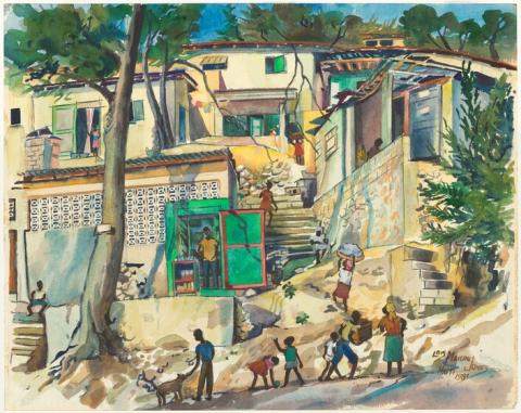 Painting shows people engaged in various neighborhood activities. At center, a man stands in the opening of a green door. 