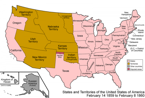 Map of the states and territories of the United States as it was from 1859 to 1860. 