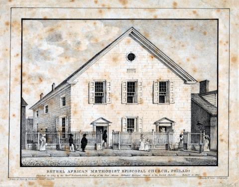 Black and white print shows exterior view of a church and pedestrians, mostly women, walking in front of and entering the building.