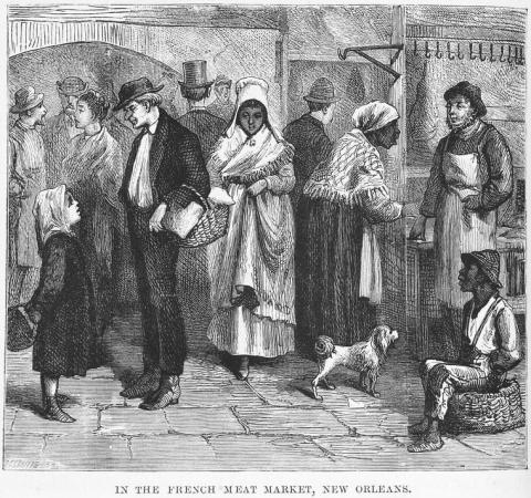 Black and white print shows men, women, and children of varying complexions walking and talking in a market 