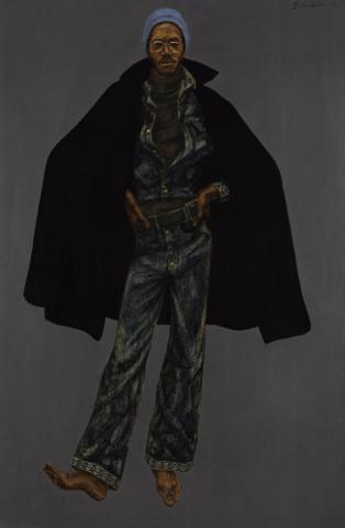 Contemporary painting shows man in denim and black cape, barefoot with hands on hips and weight resting on one leg