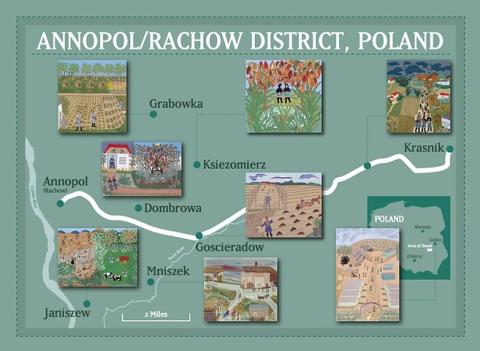 Map uses images of colorful tapestries to depict locations on Annolopo/Rachow District, Poland