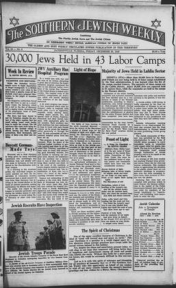 Scanned front page of the newspaper The Southern Jewish Weekly. The headlines reads "30,000 Jews Held in 43 Labor Camps"