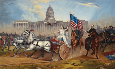Goddess of Liberty drives a chariot pulled by two white horses. She is followed by Abraham Lincoln and Ulysses Grant, each on a horse. On either side, white soldiers and Black civilians presumed to be formerly enslaved. Capitol Rotunda in background. 