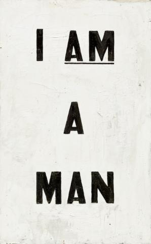 Black text on white background reads "I AM A MAN"