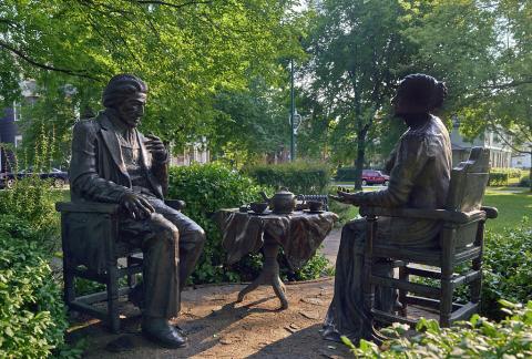 Let's Have Tea scuplture at Susan B. Anthony Square Park