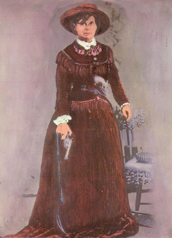 Colored print of outlaw Bell Starr 