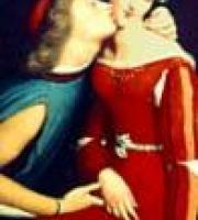 Paolo, in a blue doublet and red cap, kisses Francesca, wearing a red dress with long sleeves, on the cheek