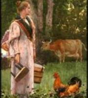 Color painting of a milk maid carrying a pail on a farm with a cow in the background.