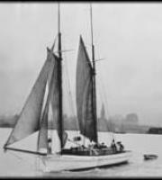 illustration of a small dinghy, with two sails, on the water