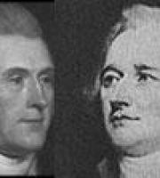 portraits: jefferson on the left and hamilton on the right