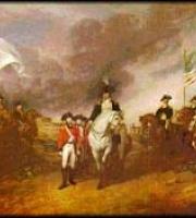 Cornwallis surrenders to american forces on a grassy field at yorktown, under a smoky sky