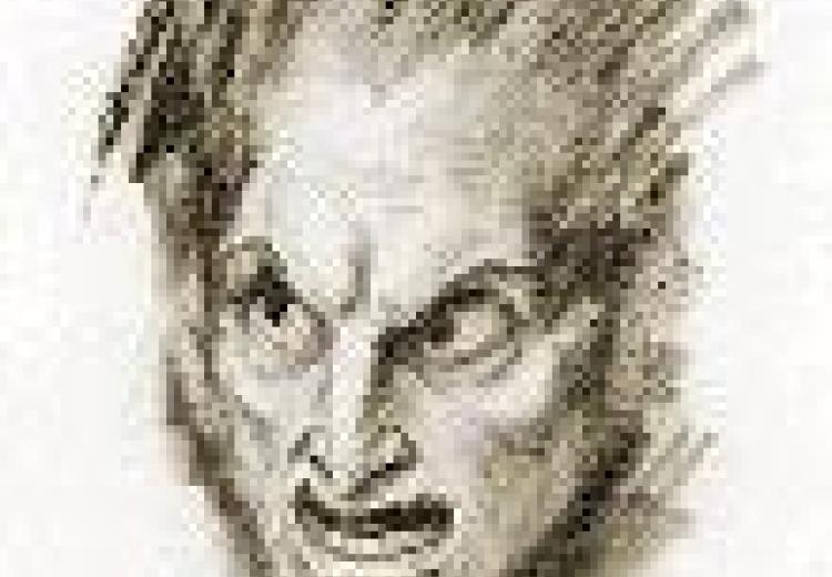 black and white sketch of a fiend with pointy nose and angry expression