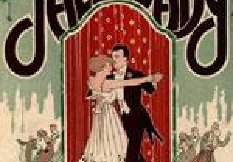 Poster of a couple dancing, the woman in a long white dress and the man in a tuxedo, with the words "Jazz Baby" written over their heads in bold black lettering