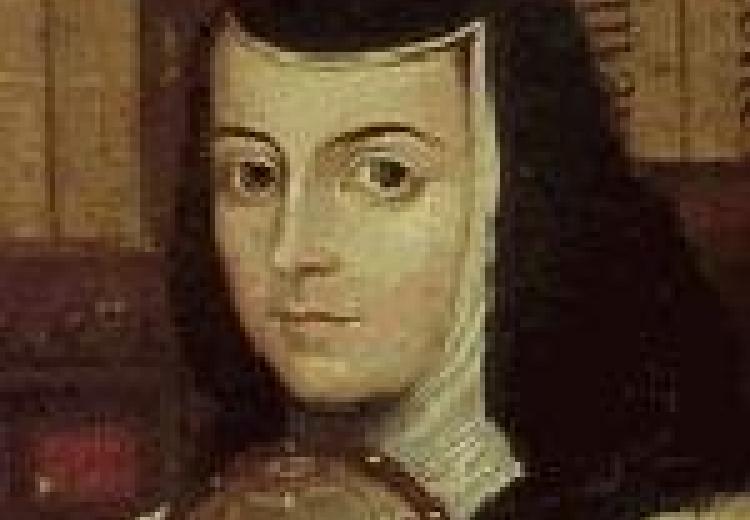 Sor Juana, in a black and white wimple headdress and dress