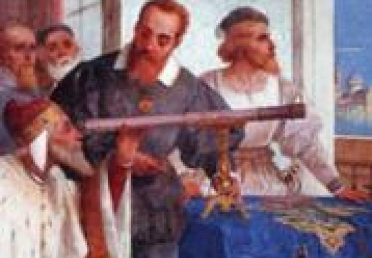 Galileo holding a long thin telescope for the doge to look through and out a window, while courtiers look on