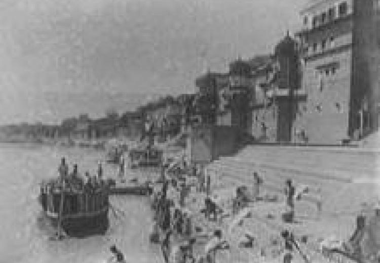 Bathing in the Ganges, India. A 19th-century photograph.