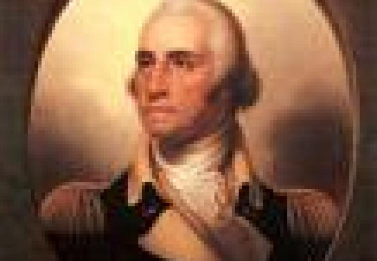 portrait of a younger george washington, in a white wig and coat with wide white collar