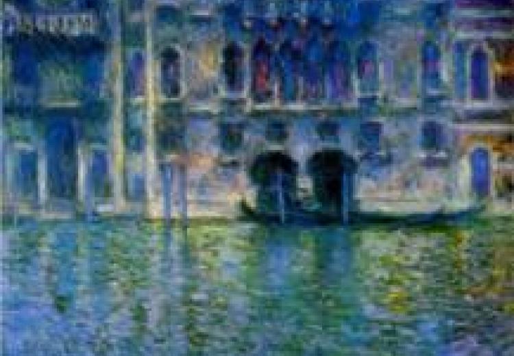 view of the palazzo from across a venice canal, done in tones of blue, yellow, green and white, in the impressionist style