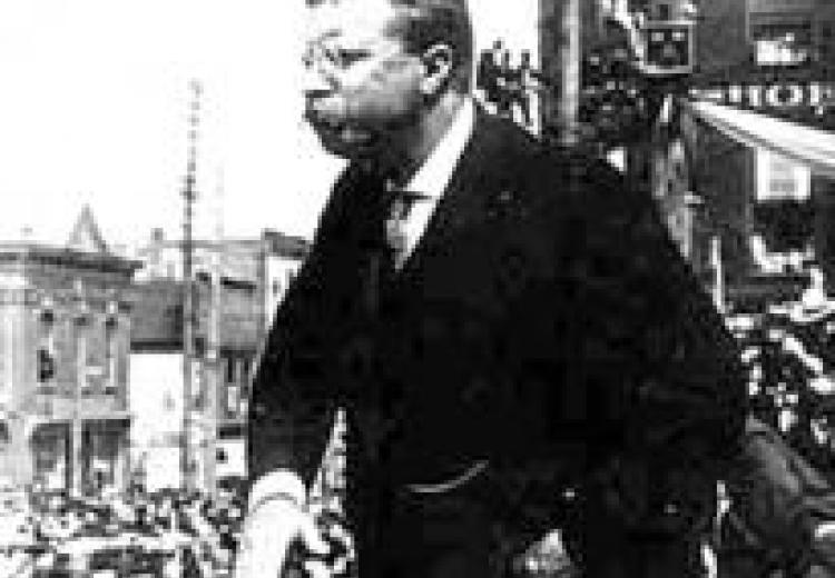 Still shot from film of Teddy Roosevelt campaigning