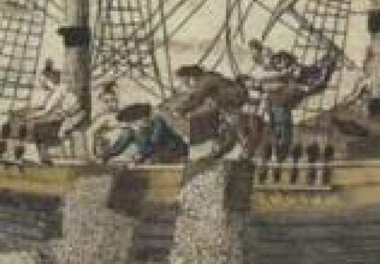 illustration of bostonians throwing tea off the side of a boat into the rough waters of boston harbor