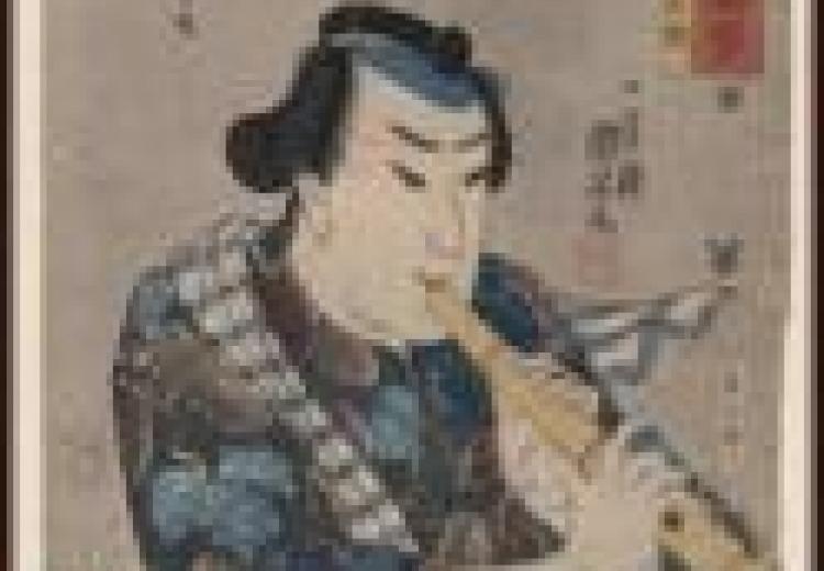 illustration of a japanese musician, wearing a blue, flowered kimono, playing a flute