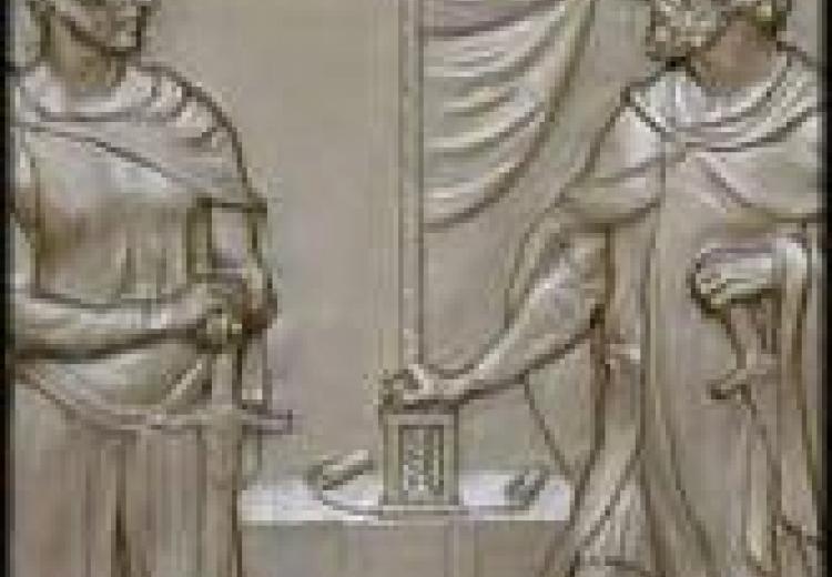 Bronze door: King John of England (right) and an English baron agreeing.